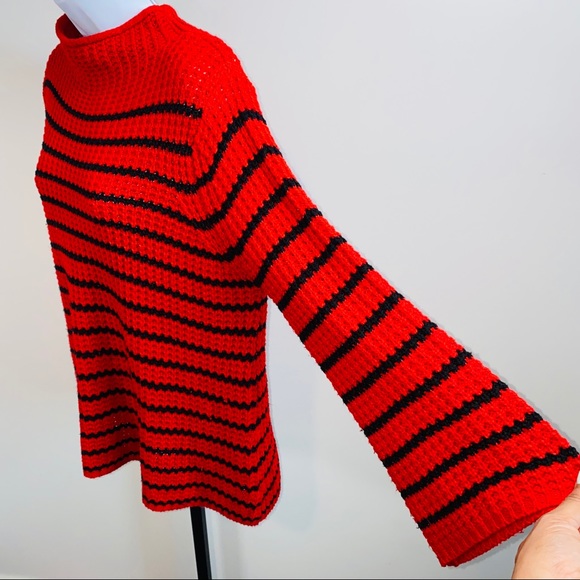 New Direction Red &  Black Stripe Mock Neck Knit Flare Sweater Size L - Picture 5 of 11